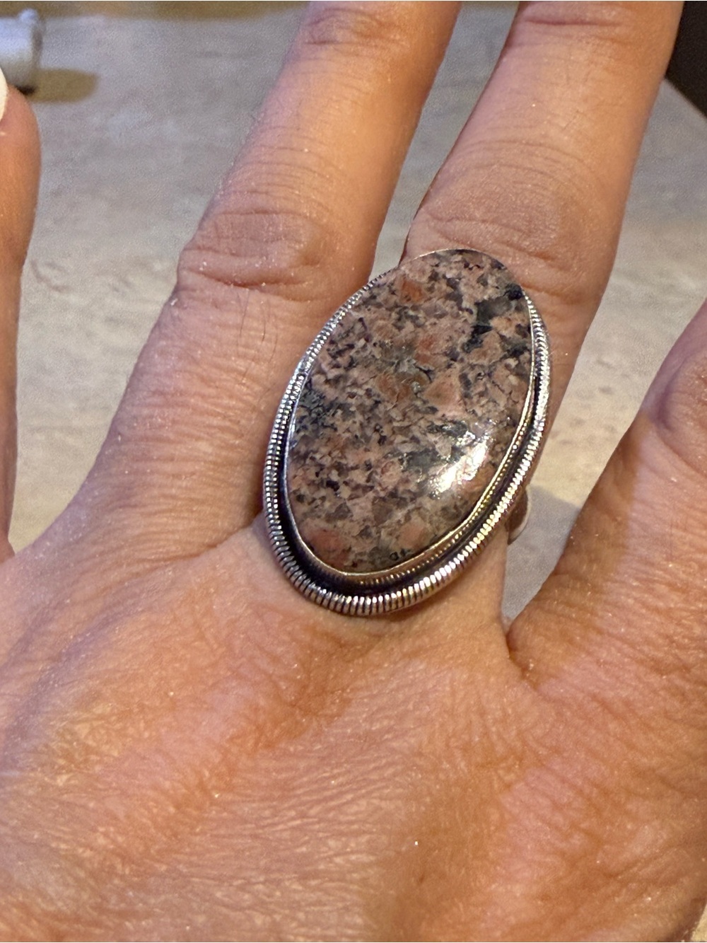 Silver Pink and Gray Jasper Oval Statement Ring